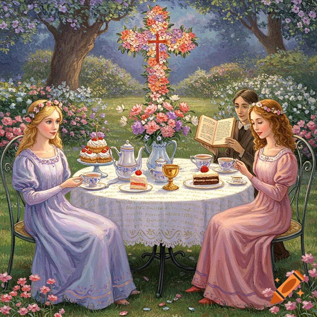 Painting of people having tea in a garden with a large floral cross.