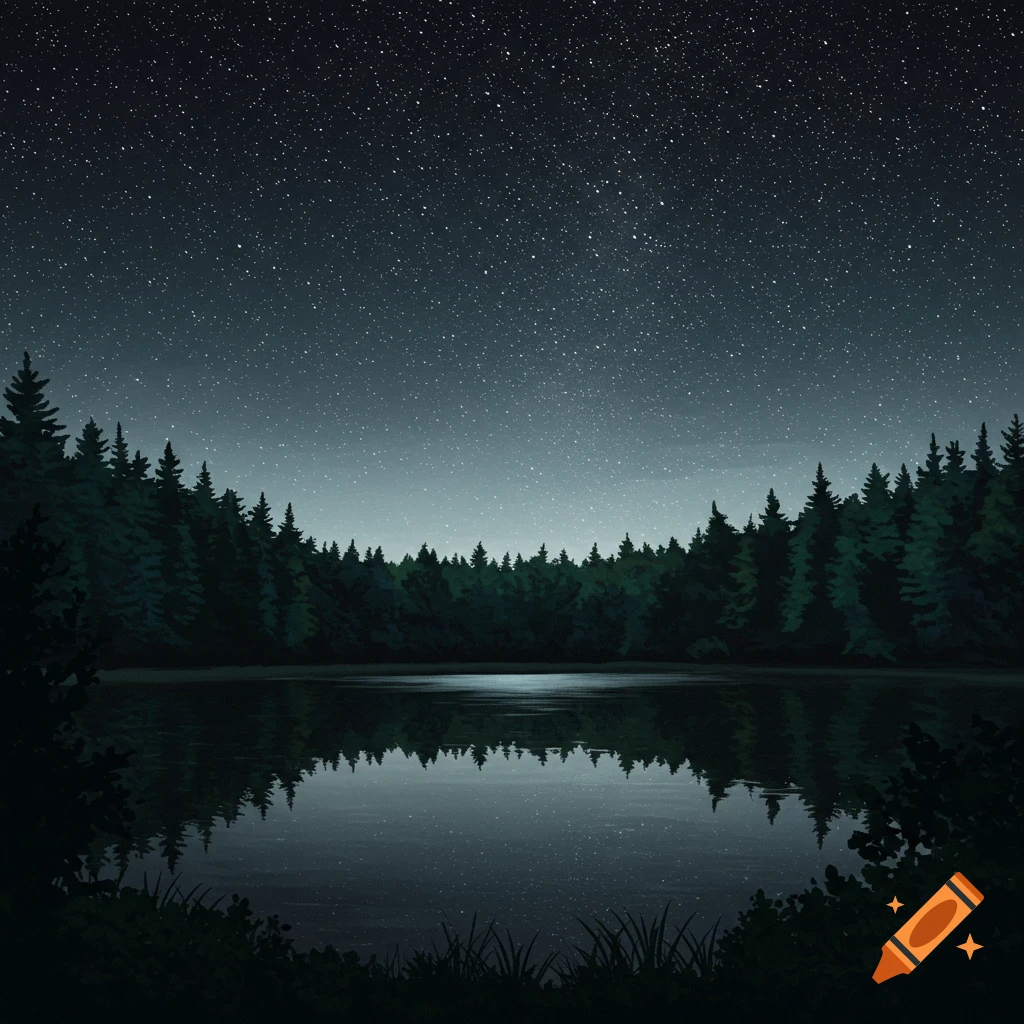 A lake reflecting a starry night sky surrounded by a dark forest.