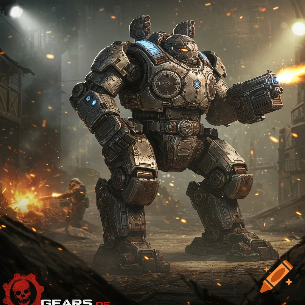 A large armored mech firing a weapon in a ruined city street.