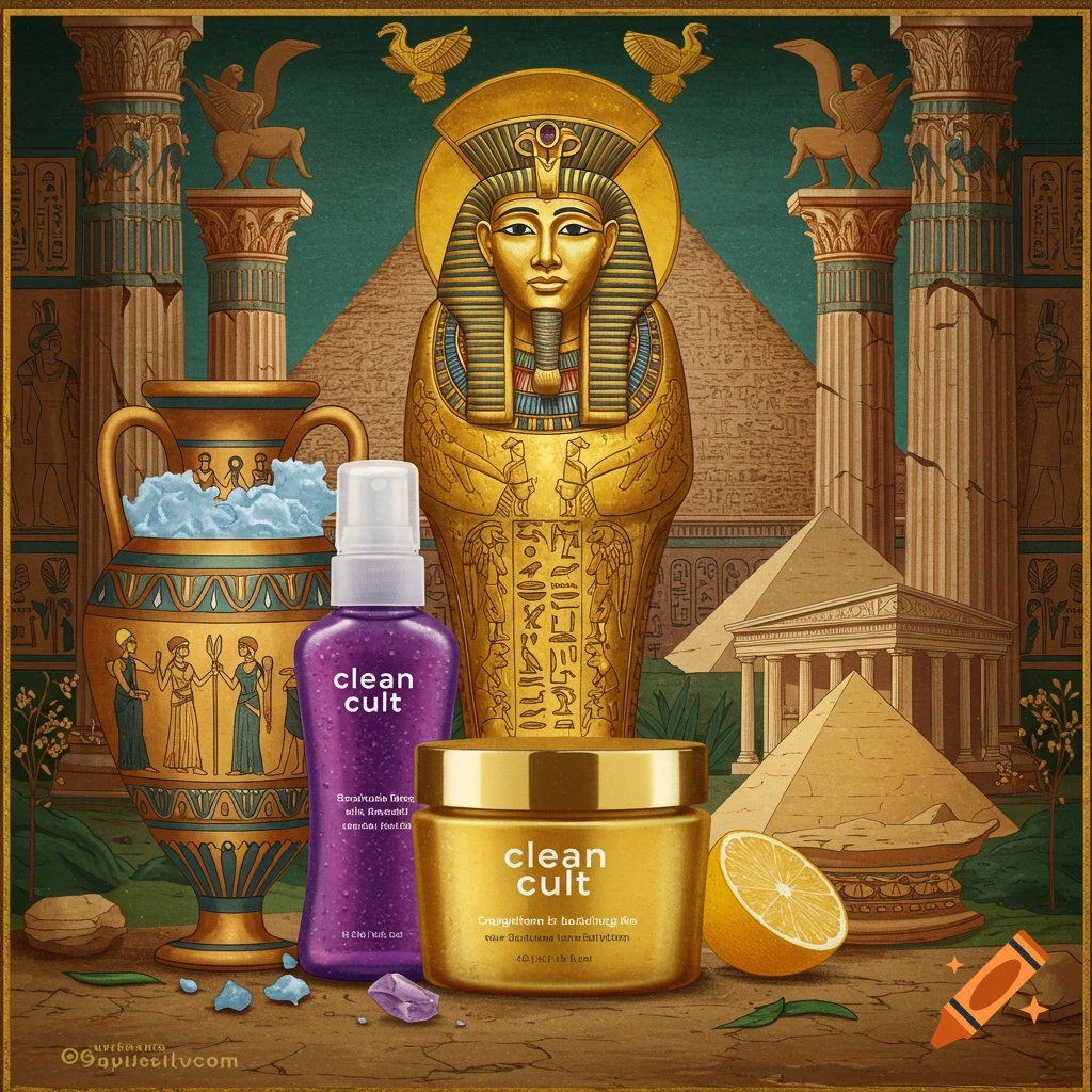 Beauty products with ancient Egyptian elements like a sarcophagus, pyramids, and columns.