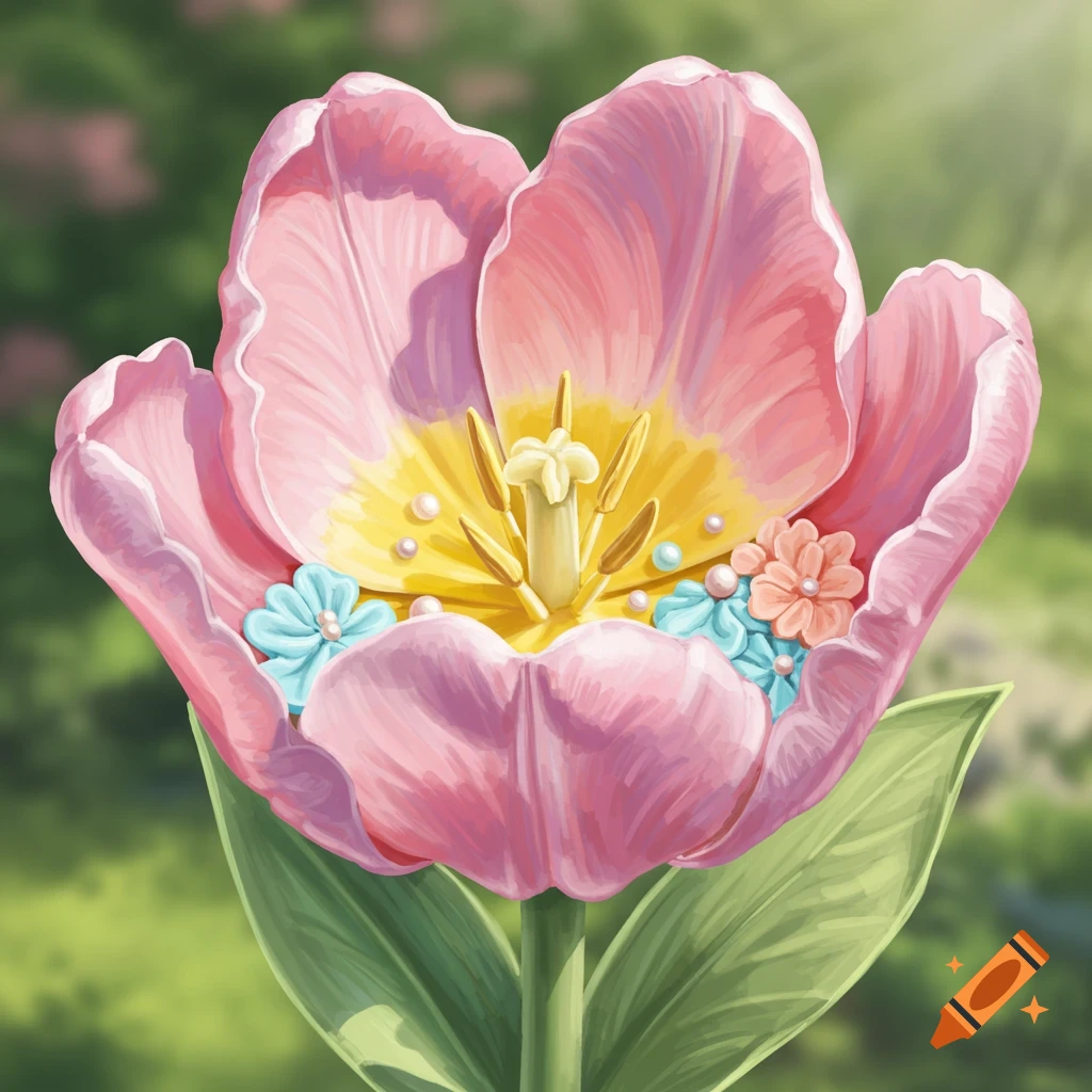 A pink tulip cake decorated with small blue and pink flowers and pearls.