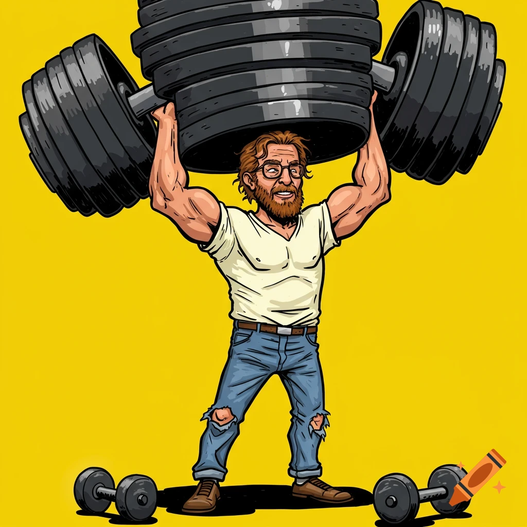 Stylized man lifting a huge barbell overhead