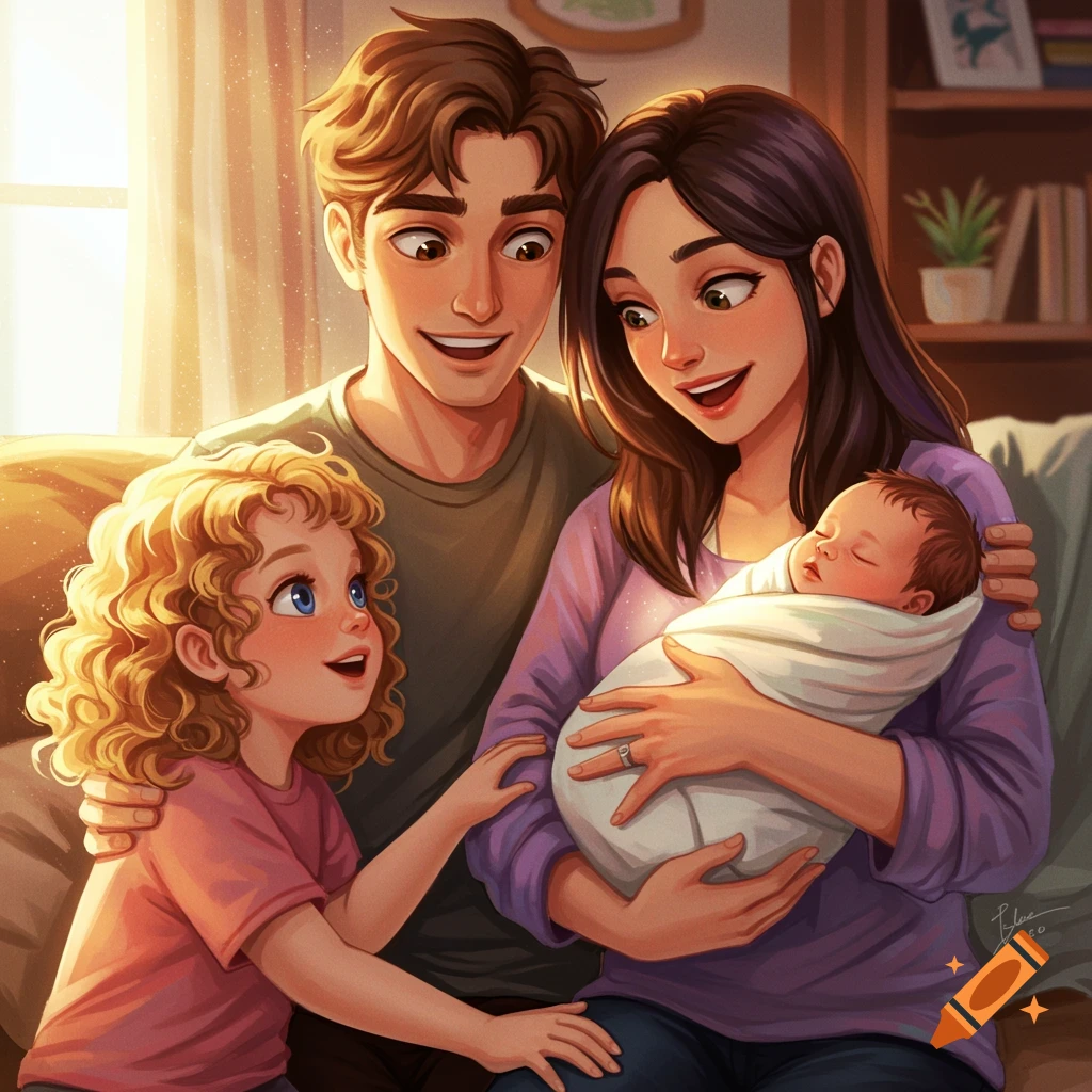 A family with a newborn baby and older child in a sunlit living room.