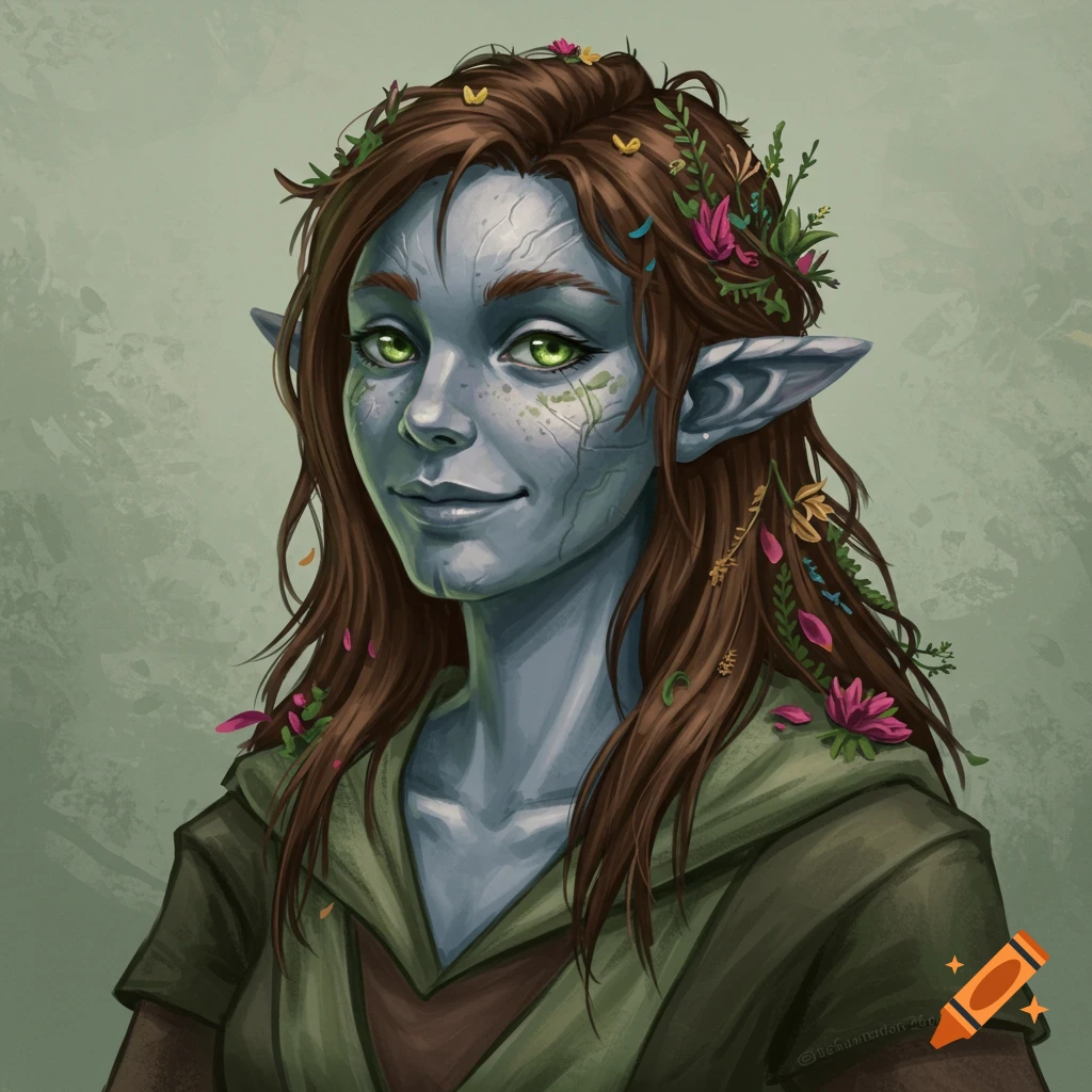 A female fantasy character with blue-gray skin and green eyes. Her hair is tangled with flowers and leaves.
