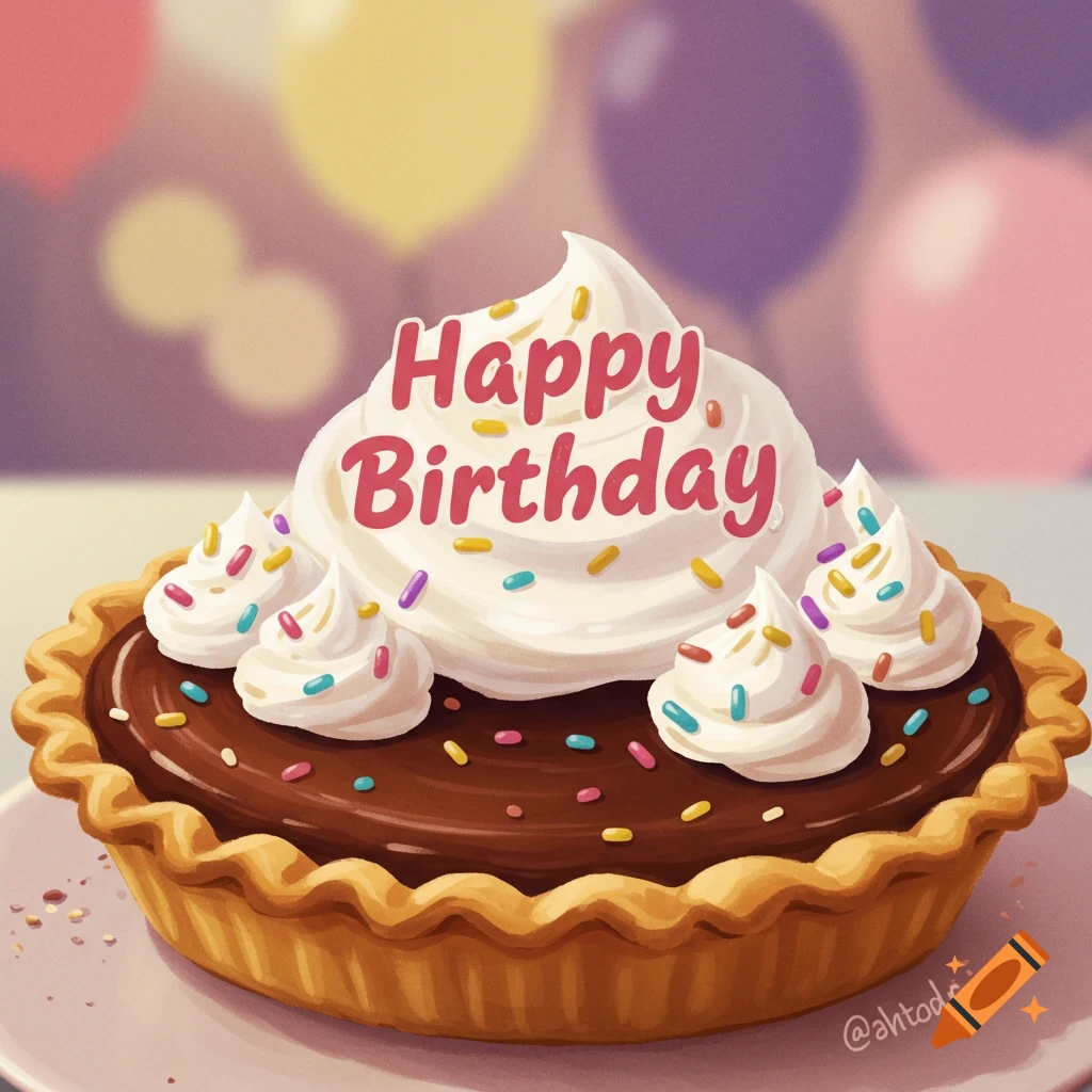 A chocolate pie topped with whipped cream, sprinkles, and 'Happy Birthday' text, with balloons in the background.