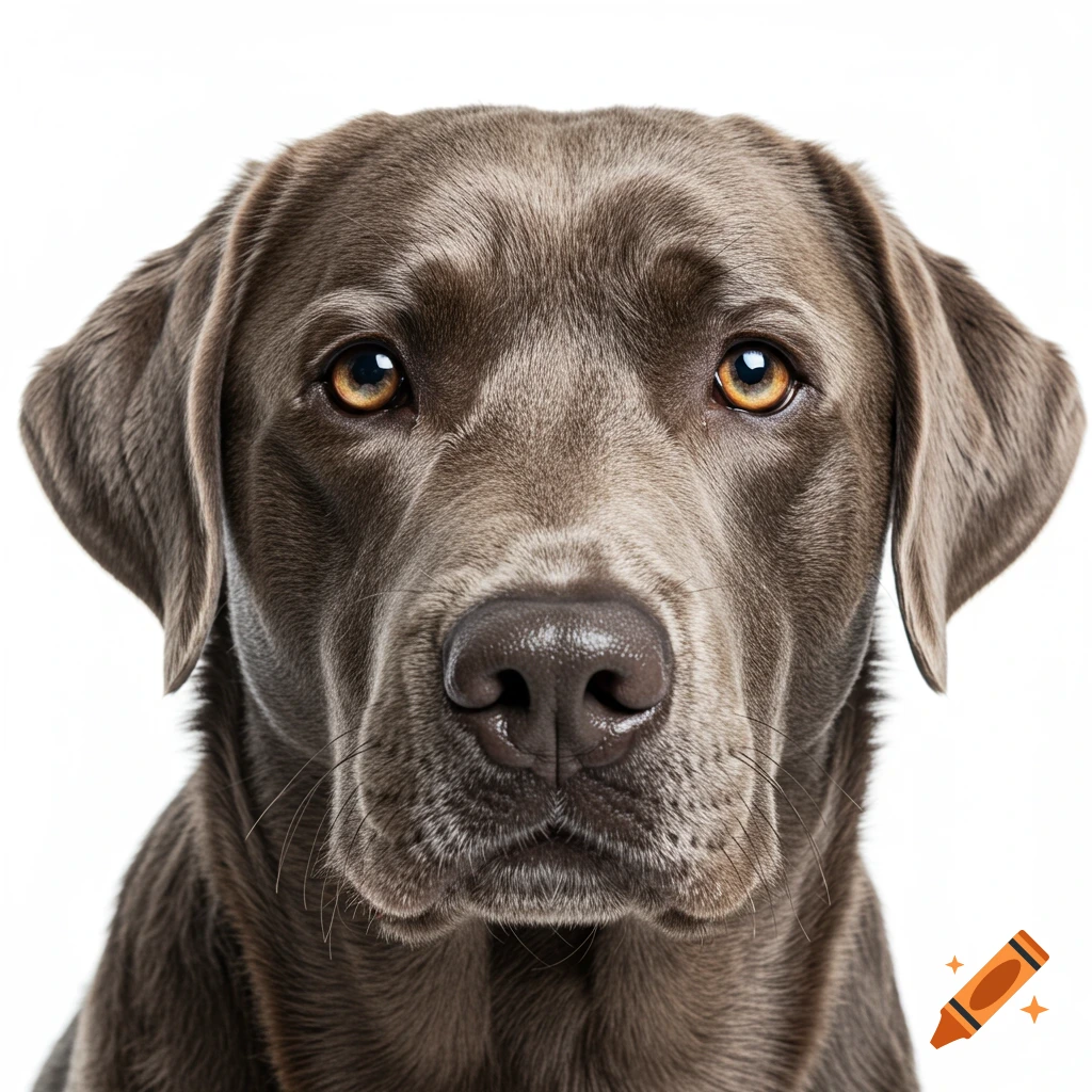 Head shot of a grey labrador dog.
