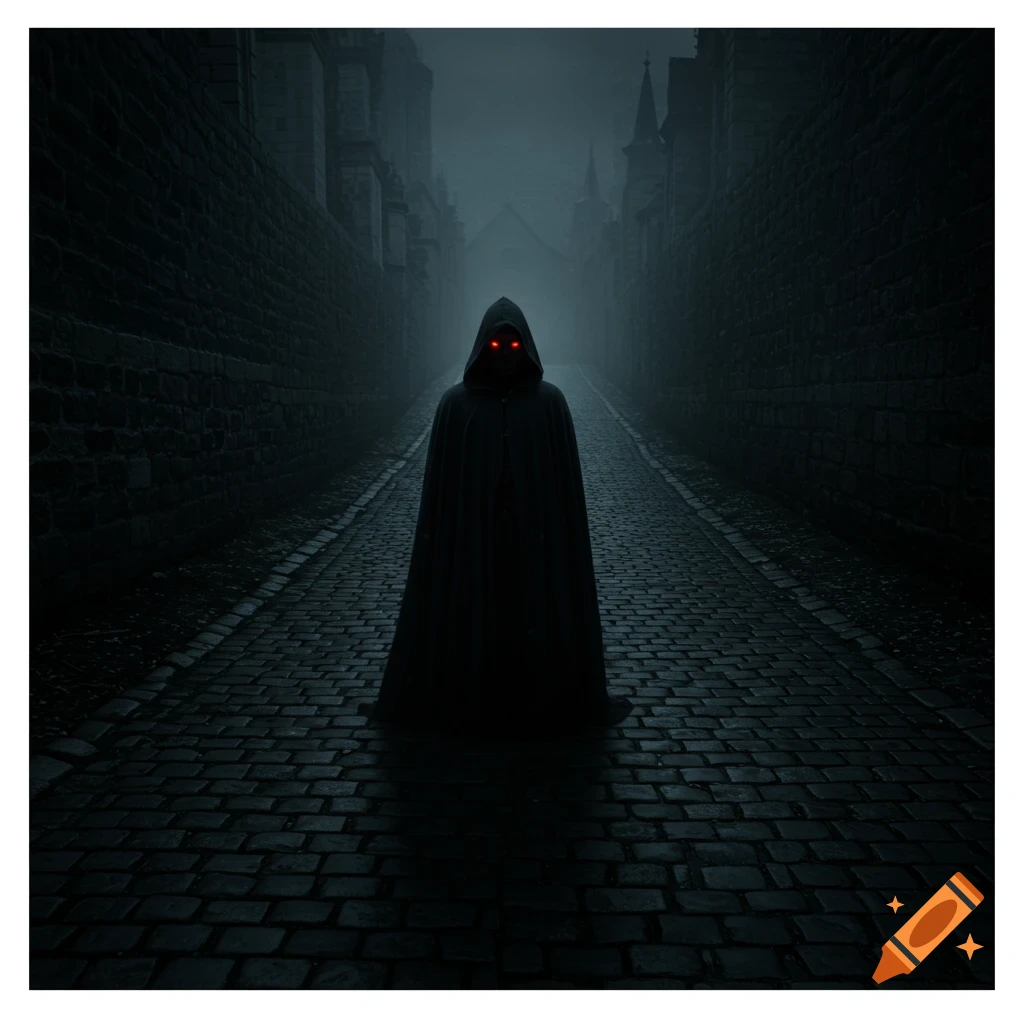 A cloaked figure with glowing red eyes stands in a dark medieval alley.