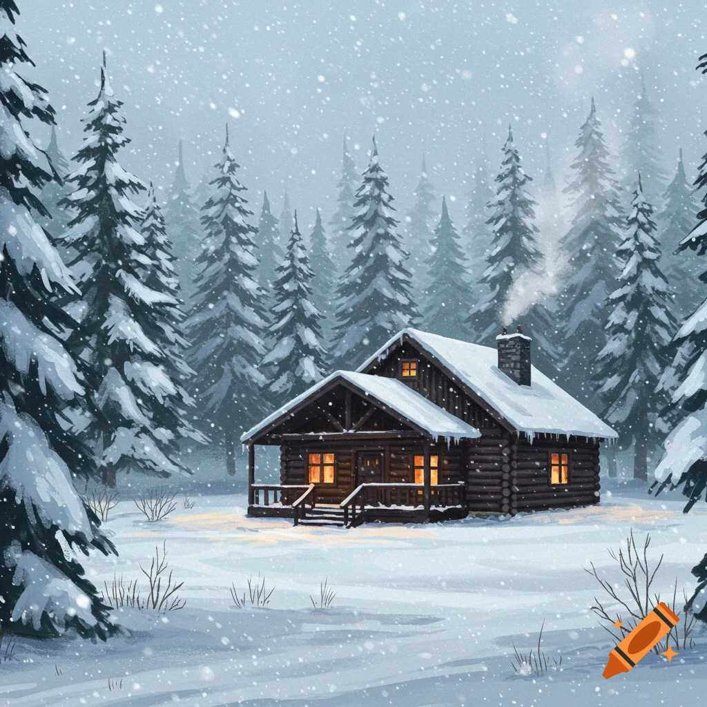 A snow-covered log cabin sits nestled in a winter forest as snow falls.