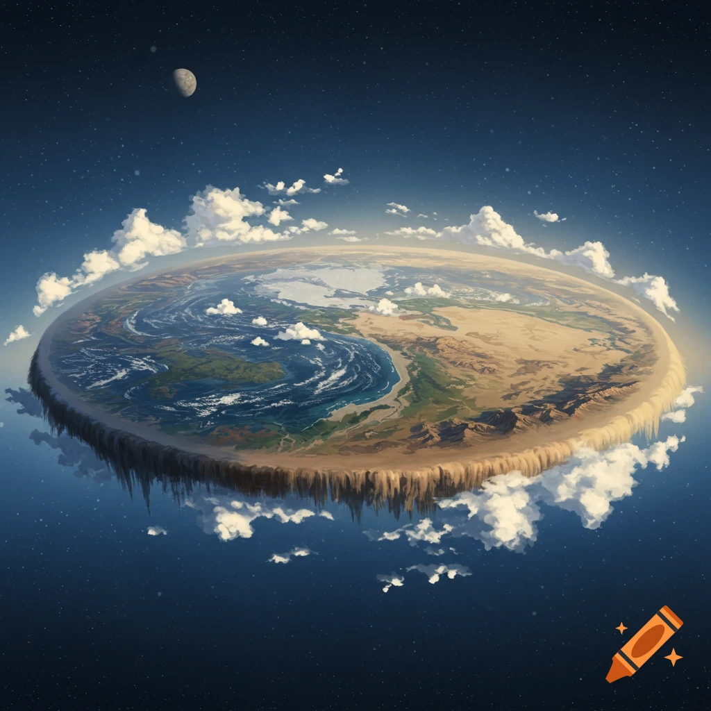 A flat disc-shaped Earth floats in space with clouds and a moon.