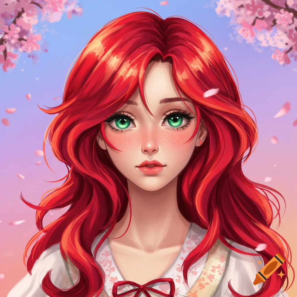 A red-haired woman with green eyes is surrounded by cherry blossoms.