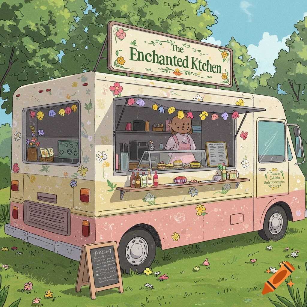 A whimsical illustration of a food truck called 'The Enchanted Kitchen' in a flowery meadow. A person stands inside the truck.