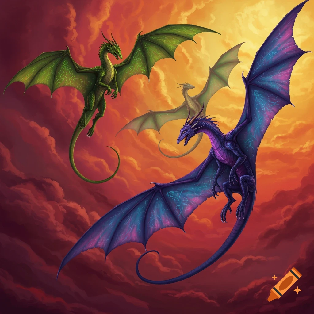 Three dragons flying through an orange sunset sky.