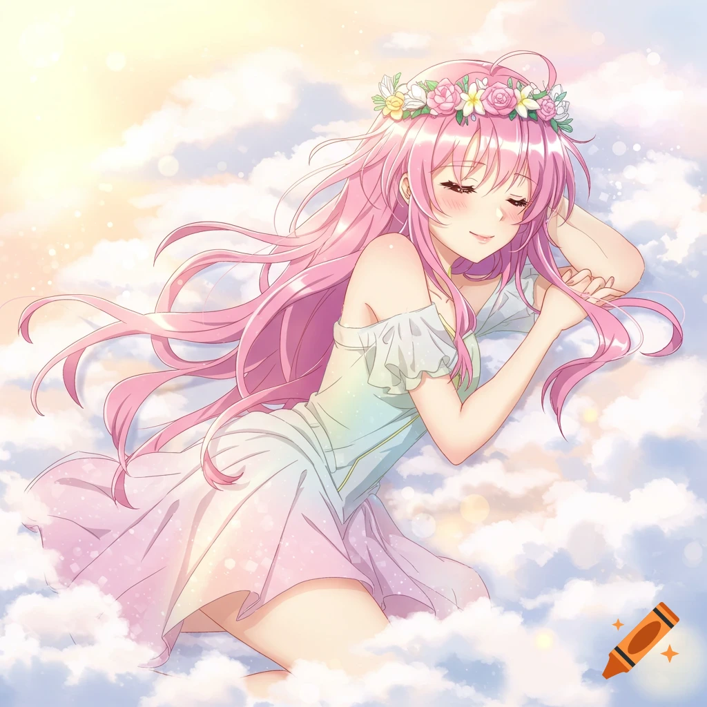 An anime girl with pink hair and a flower crown lays smiling among clouds.