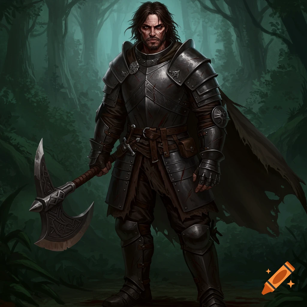 A human warrior in dark armor with an axe stands in a forest.
