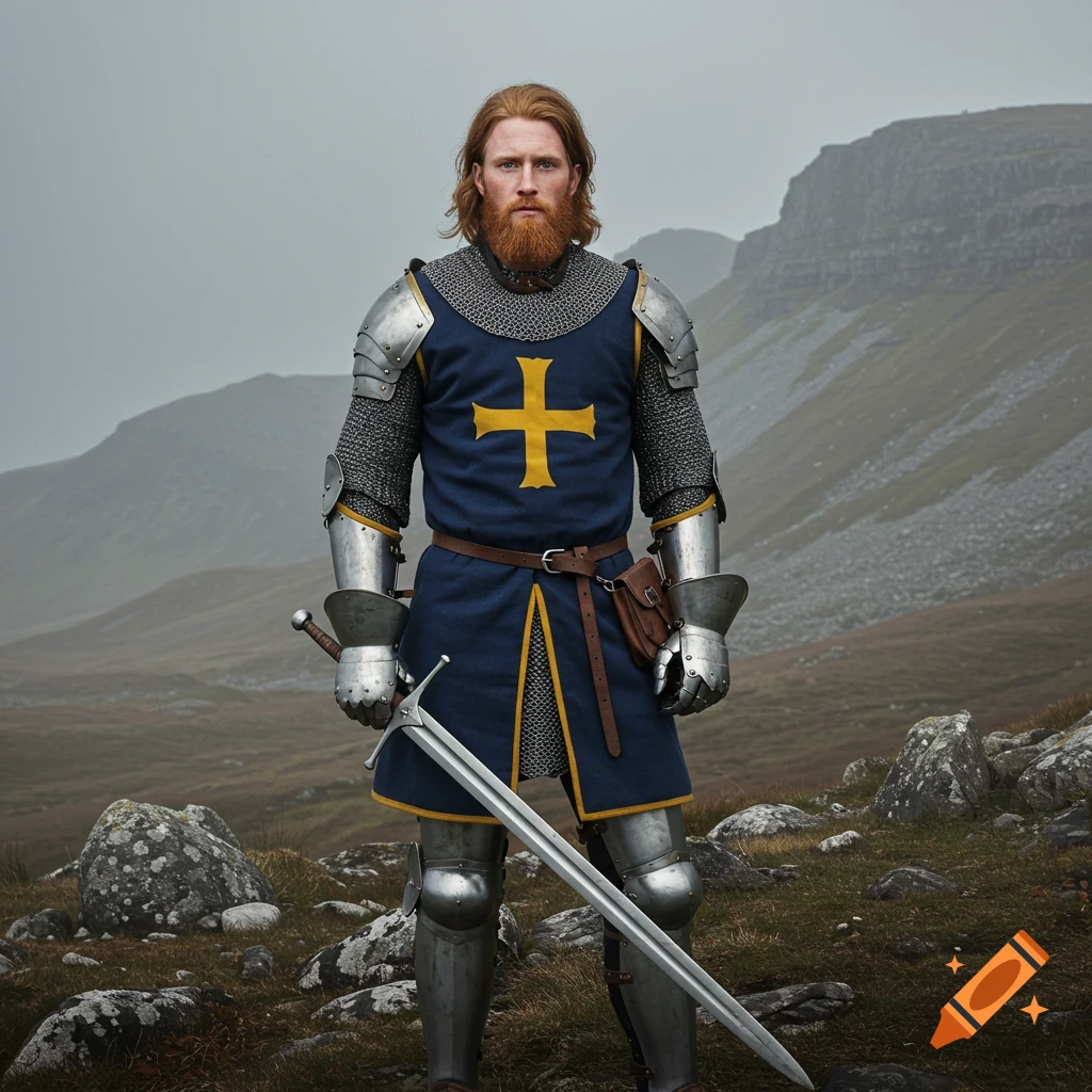 A knight in armor holding a sword stands in a rocky, misty landscape.
