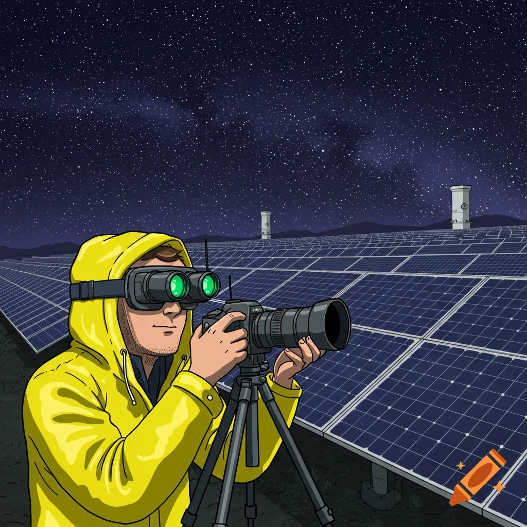 Cartoon illustration of a person with night vision goggles photographing solar panels at night.