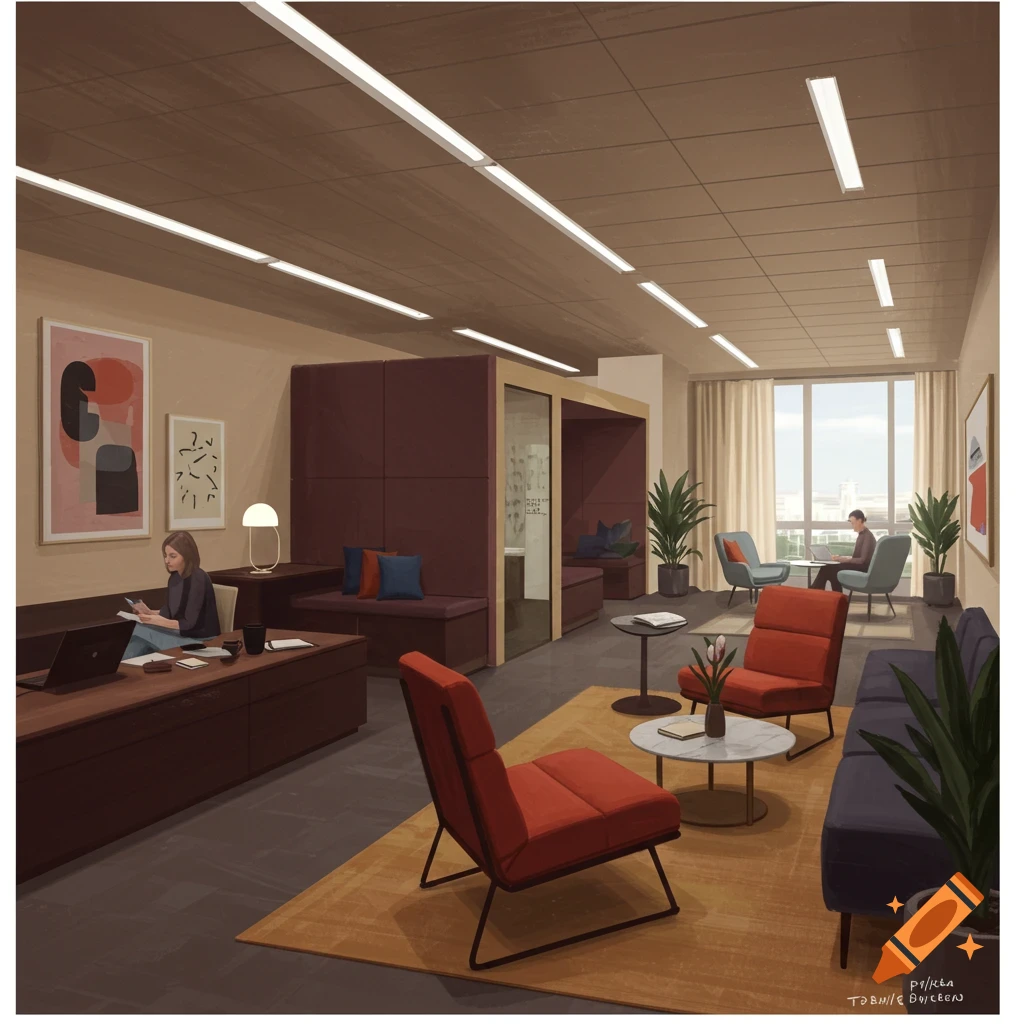 A modern office interior with people working