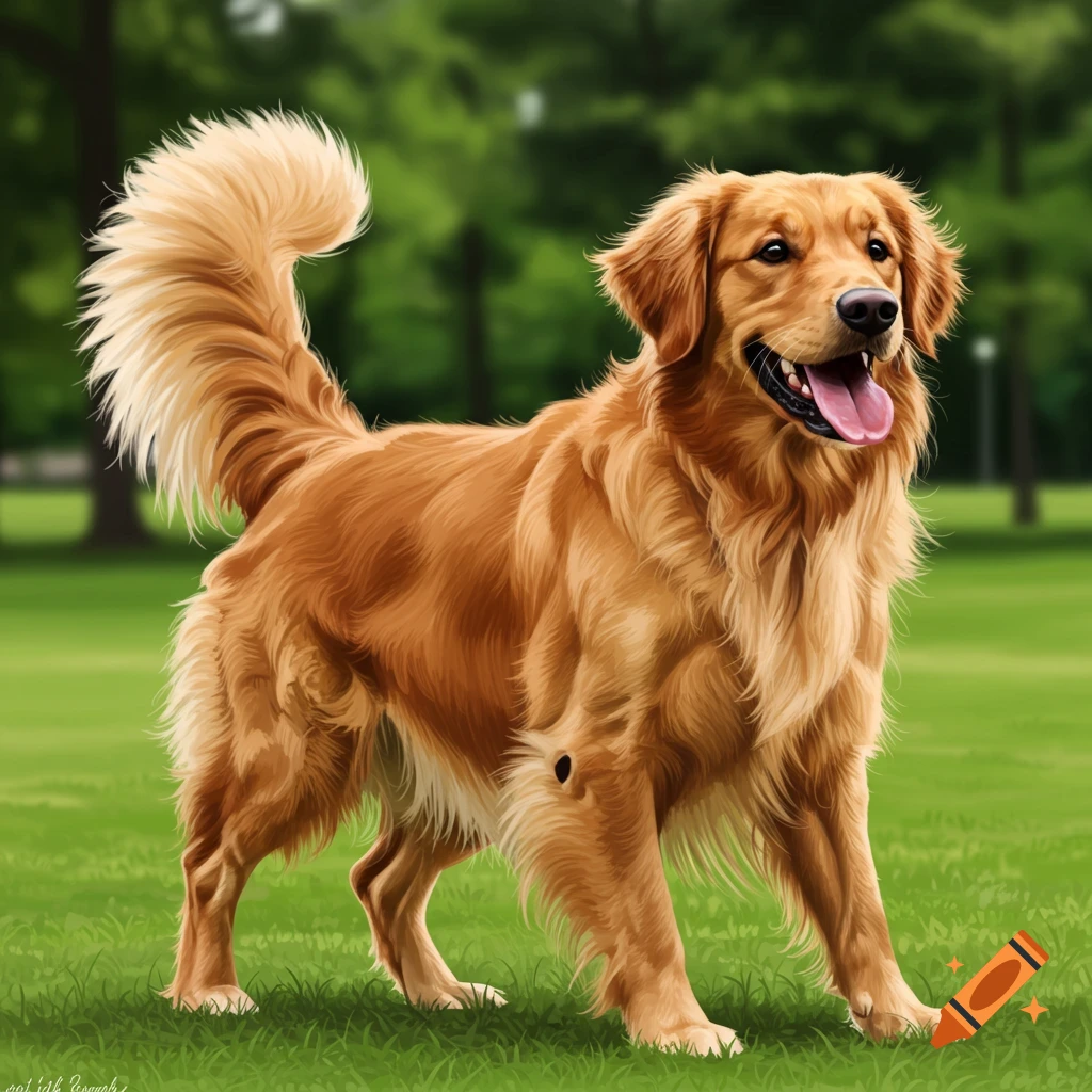 A golden retriever dog stands in a park.