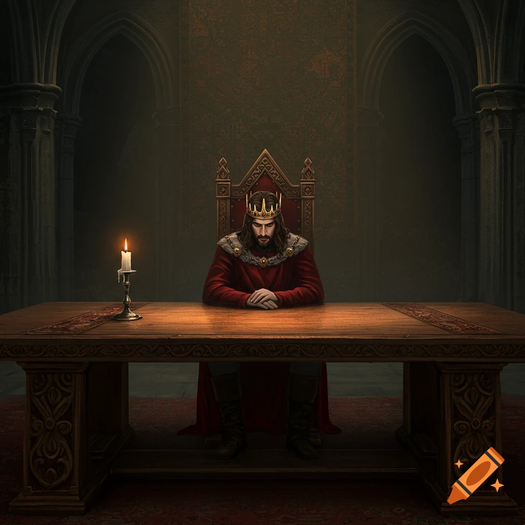 A king sits alone at a long table in a dim hall.