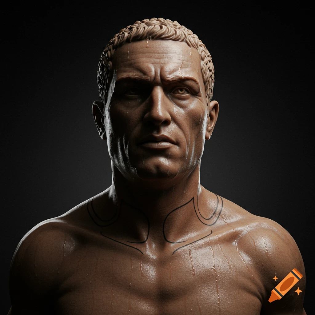 A close-up photorealistic portrait of a sweating, muscular man with a neck tattoo under dramatic lighting.