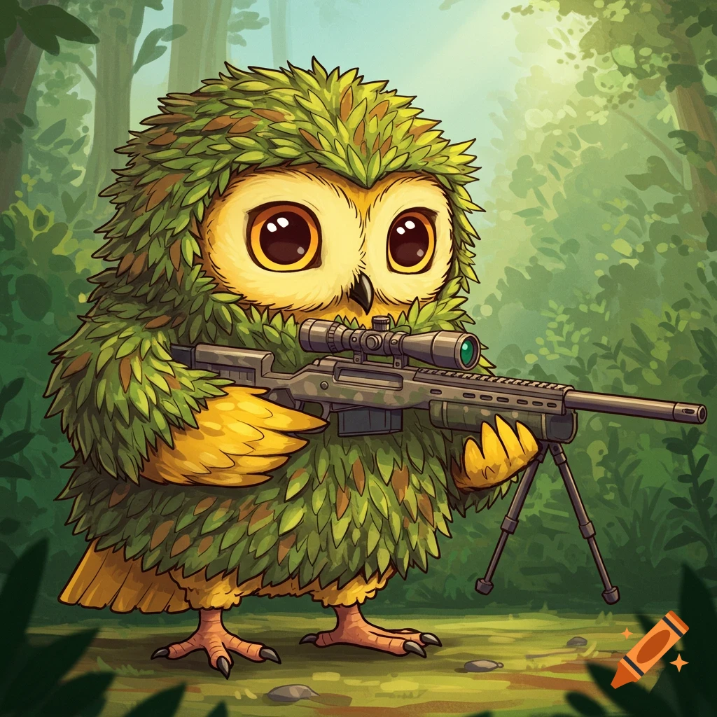 Cartoon owl in a ghillie suit holds a sniper rifle in a forest.