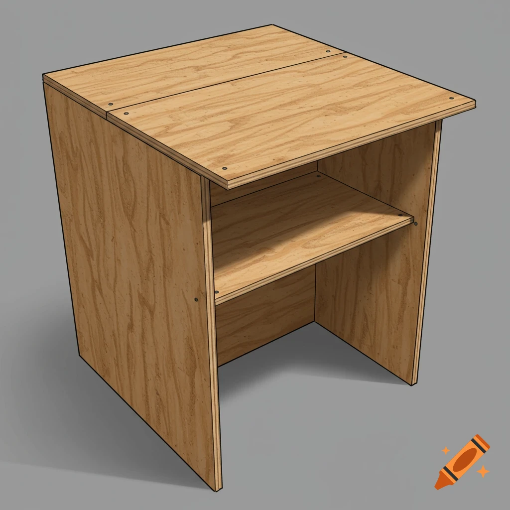 A digital rendering of a simple plywood table or shelf unit