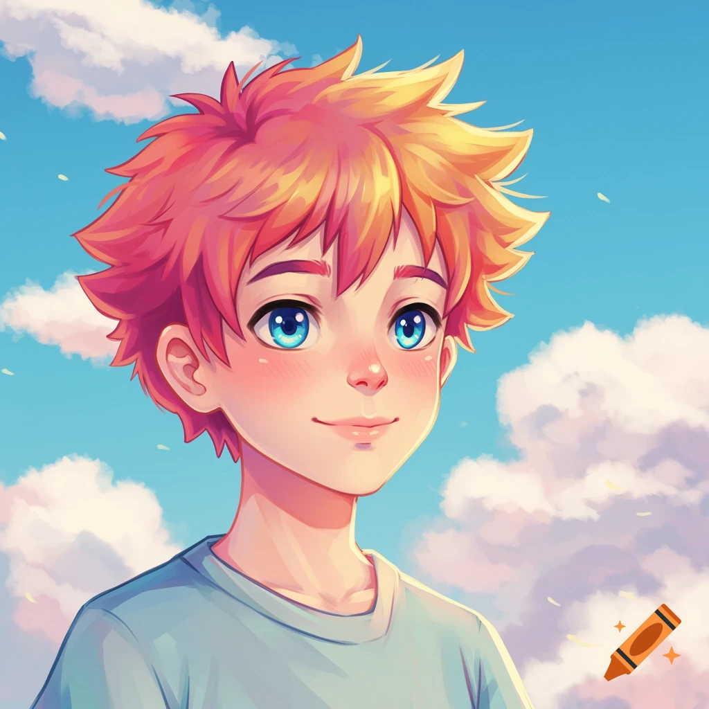 Anime-style illustration of a young boy with orange hair and blue eyes smiling against a cloudy sky.