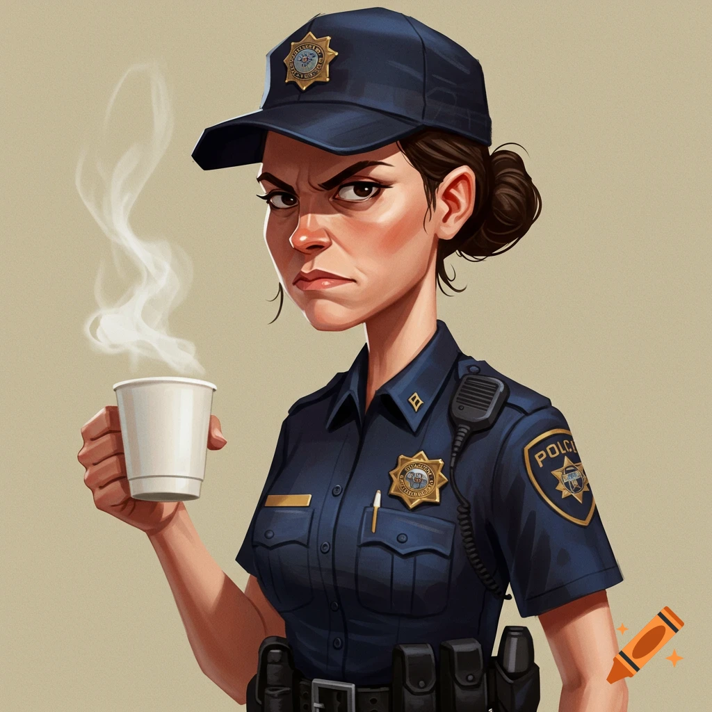 Caricature of an angry police woman holding a steaming coffee cup.