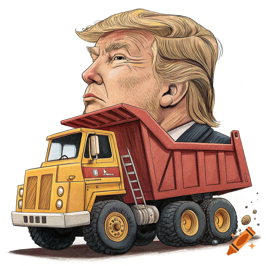 Caricature illustration of Donald Trump's head as the cab of a dump truck.