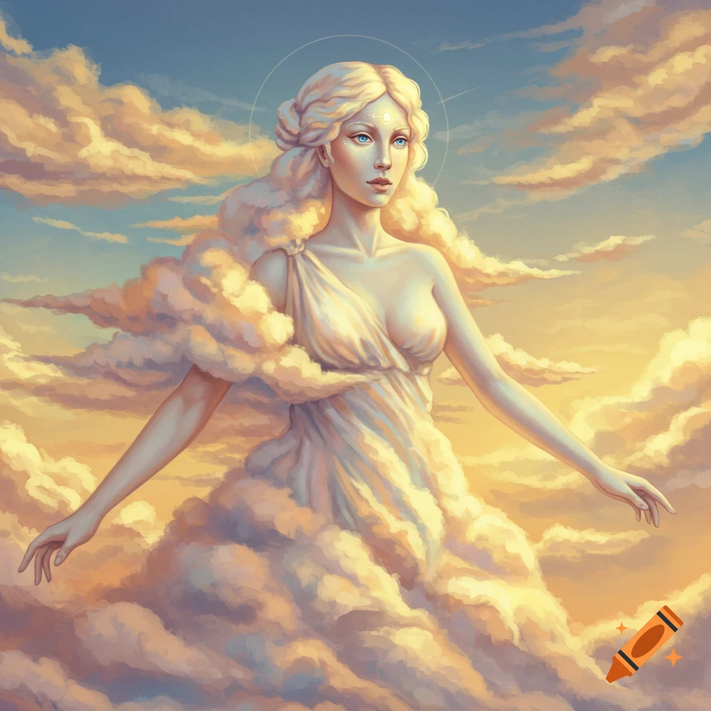 A woman emerges from clouds, draped in a white dress, against a sunset sky.