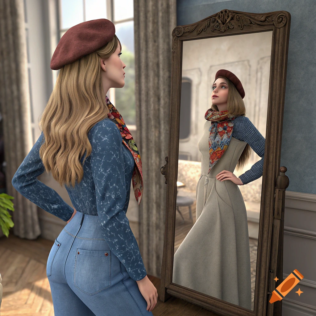 Woman in jeans and beret looks in a mirror, her reflection wears an elegant dress and scarf.