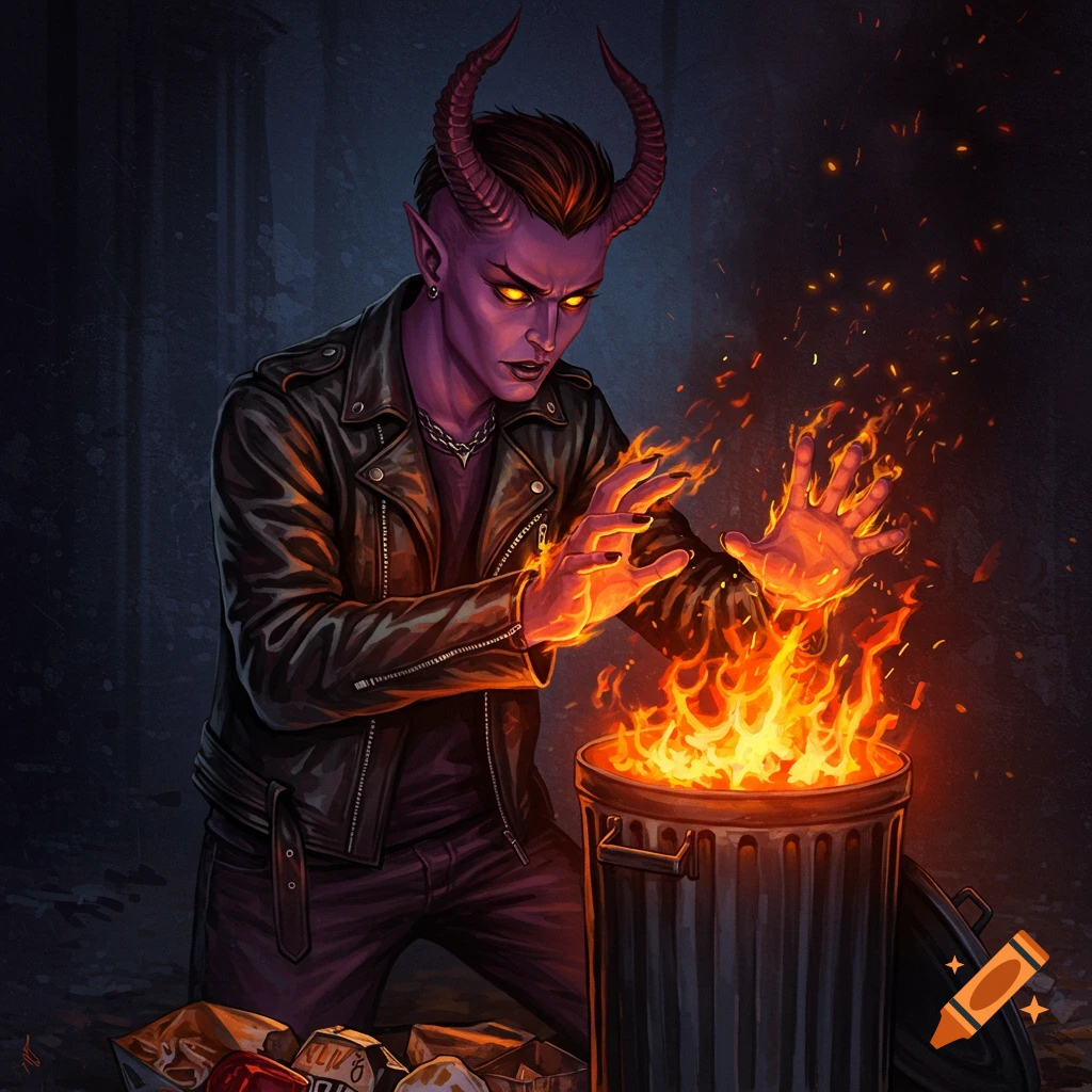 A purple-skinned demon in a leather jacket warms hands glowing with fire over a burning trash can.