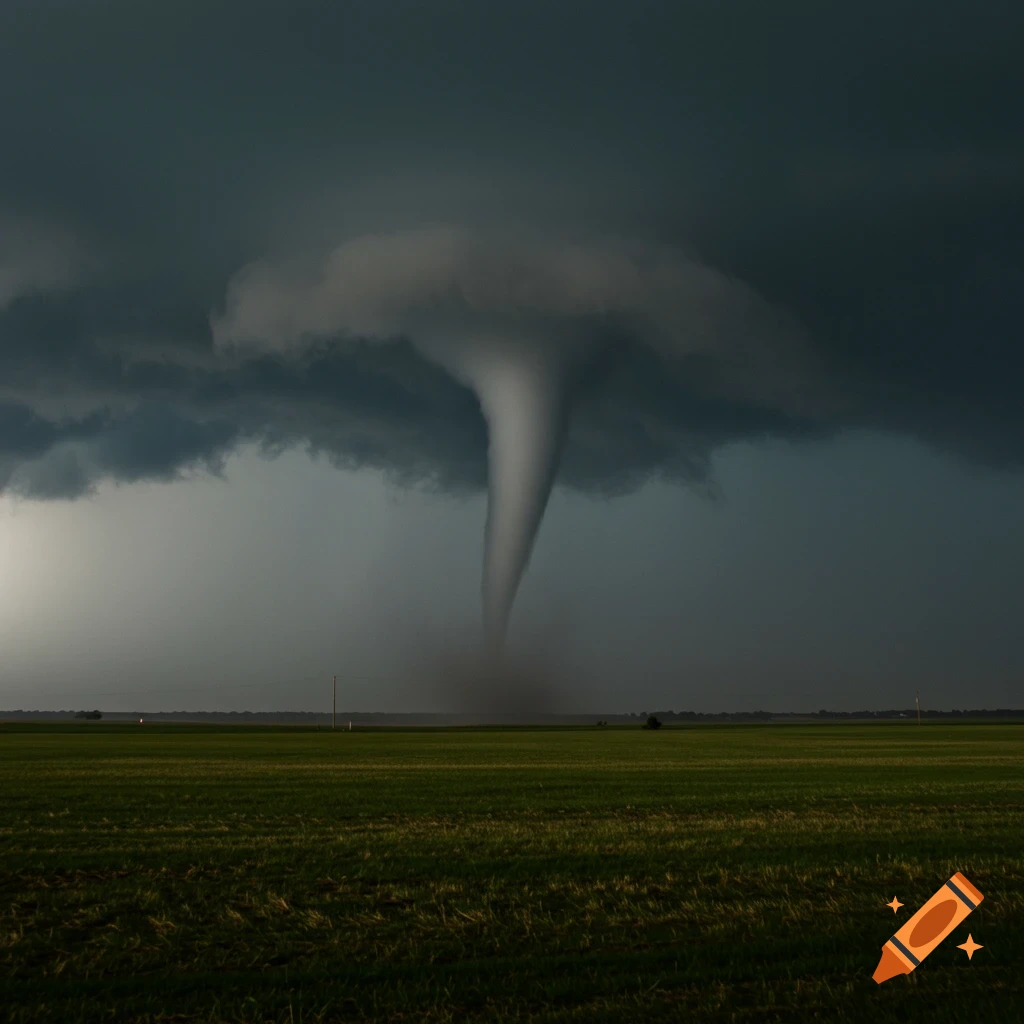 A large tornado touches down in a green field under dark stormy clouds.