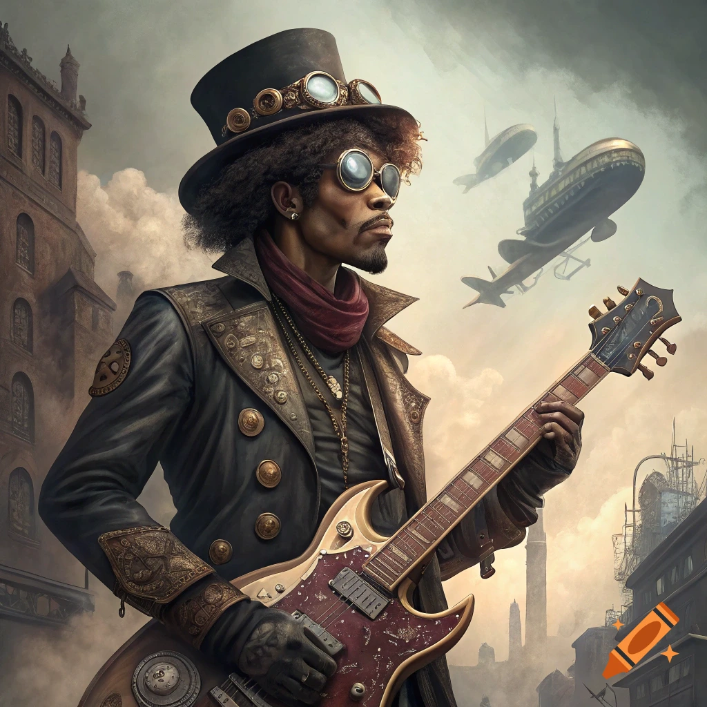 Steampunk man with goggles and top hat playing a guitar in a city with airships.