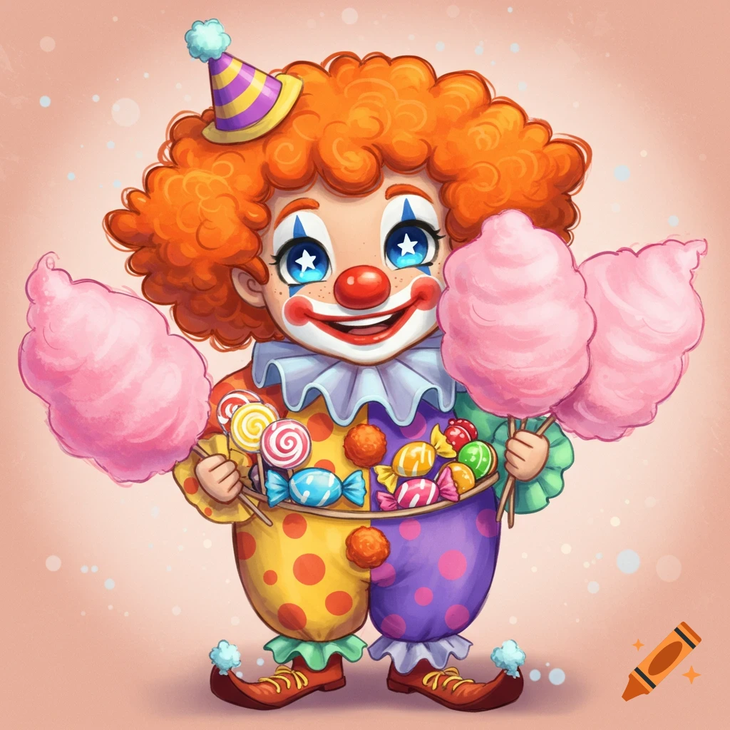 A cute cartoon clown holding cotton candy and a basket of candies.
