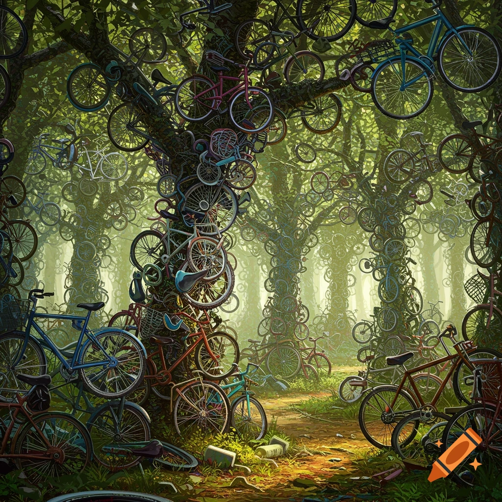 A forest where trees are made of bicycles