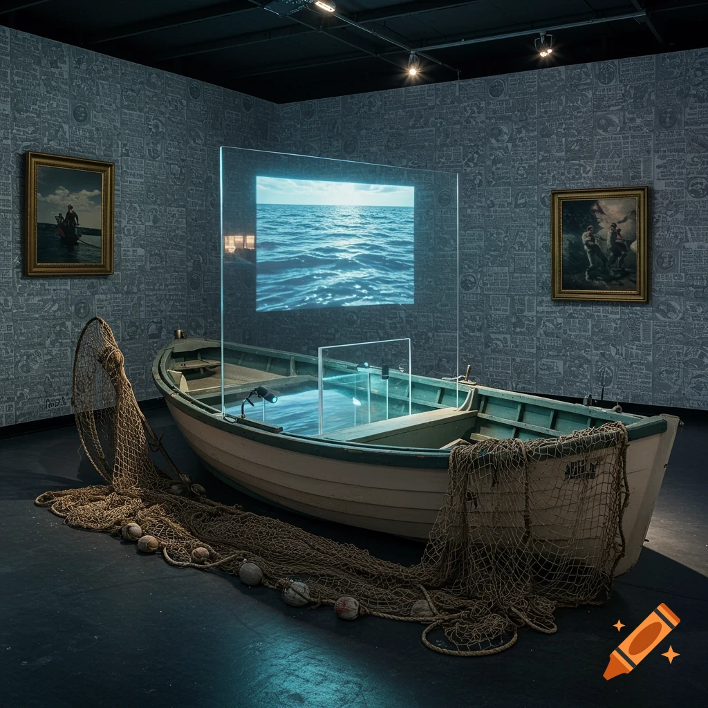 An indoor art installation featuring a rowboat, a water projection, fishing nets, and newspaper wallpaper.