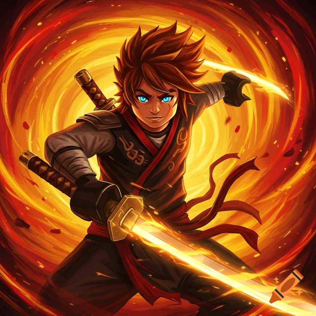 A fantasy image of a young man with glowing blue eyes, dressed as a ninja, holding two swords amidst swirling fire.