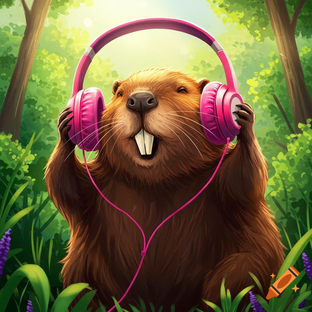 A happy beaver wearing pink headphones in a sunny forest.