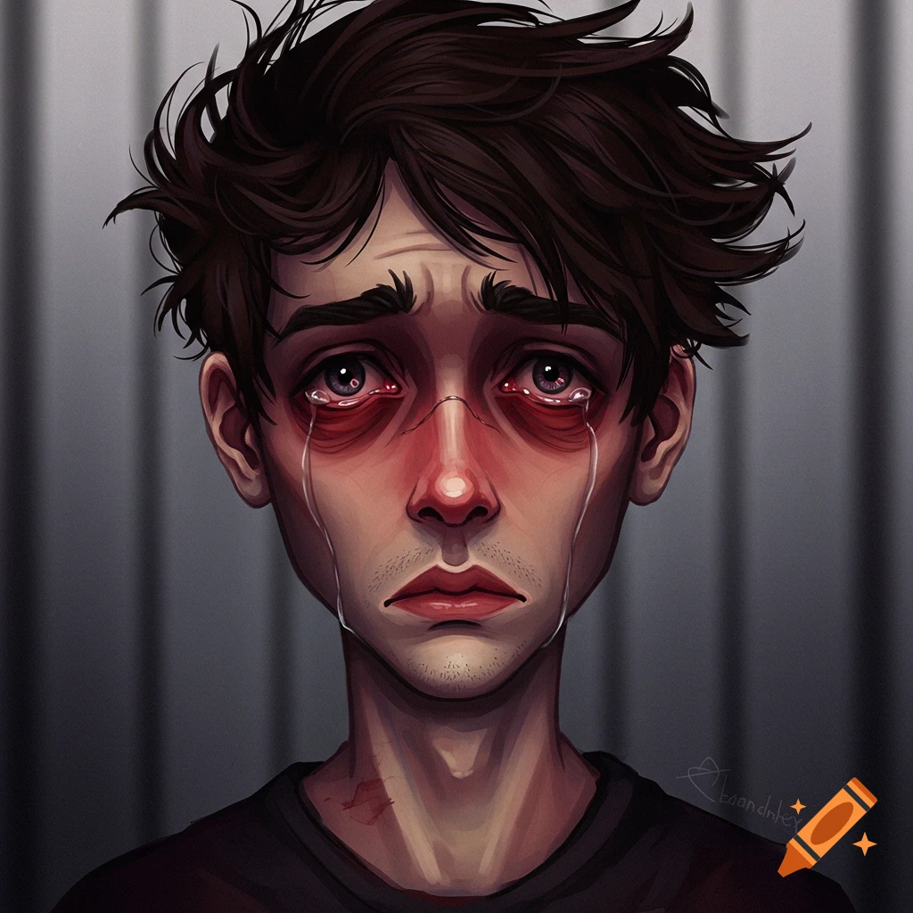 A sad young man is crying with red eyes.