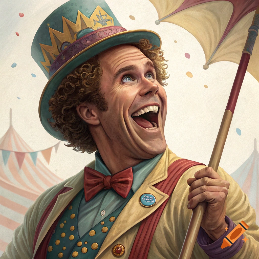 A man in a colorful circus costume, hat, and bow tie, holding an umbrella, looks up and laughs excitedly in front of circus tents.
