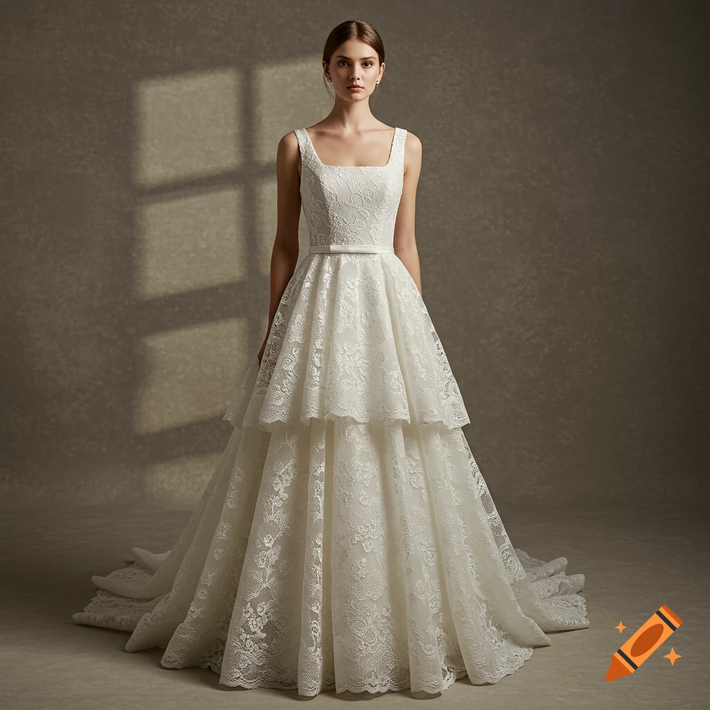A woman models a tiered white lace wedding dress with a square neckline.