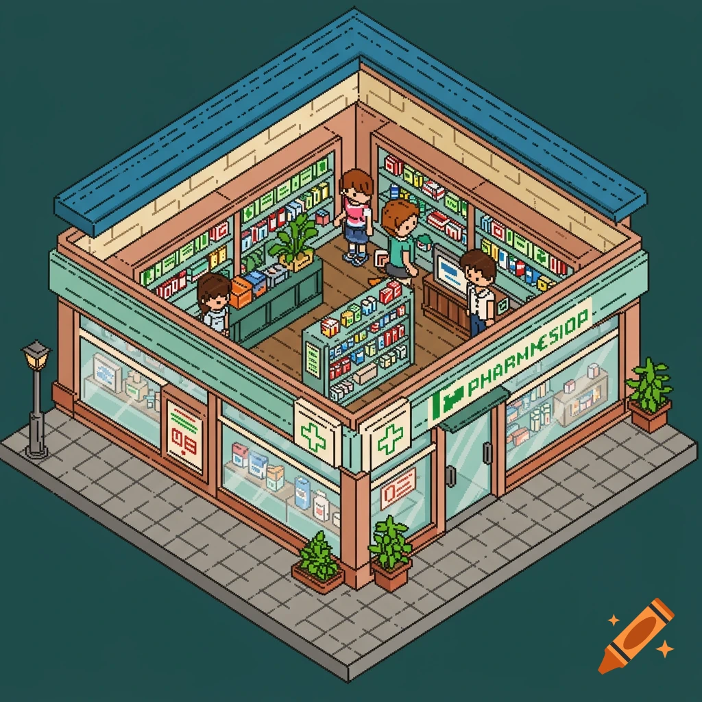 Pixel art aerial view of a pharmacy shop with people inside.