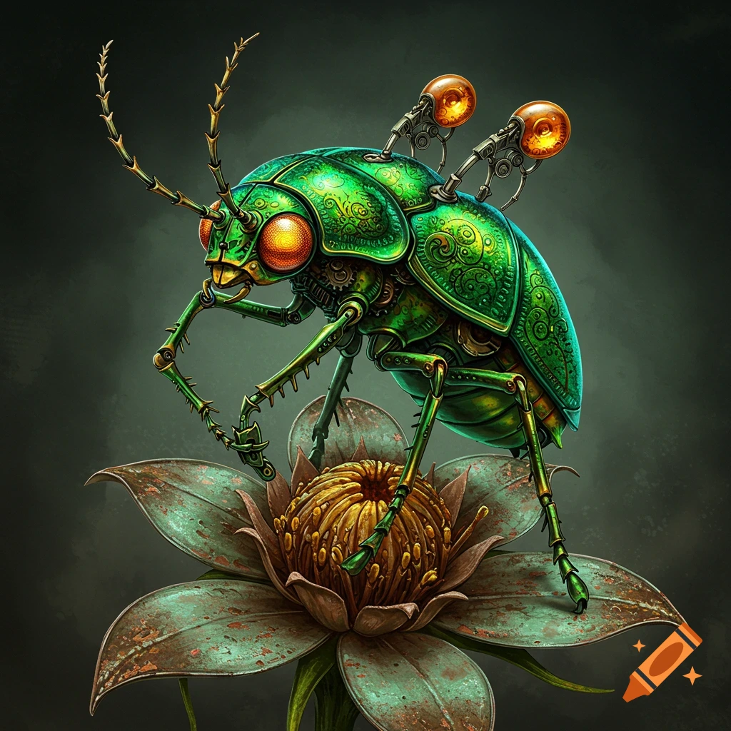 A green mechanical bug with orange eyes is perched on a large flower.
