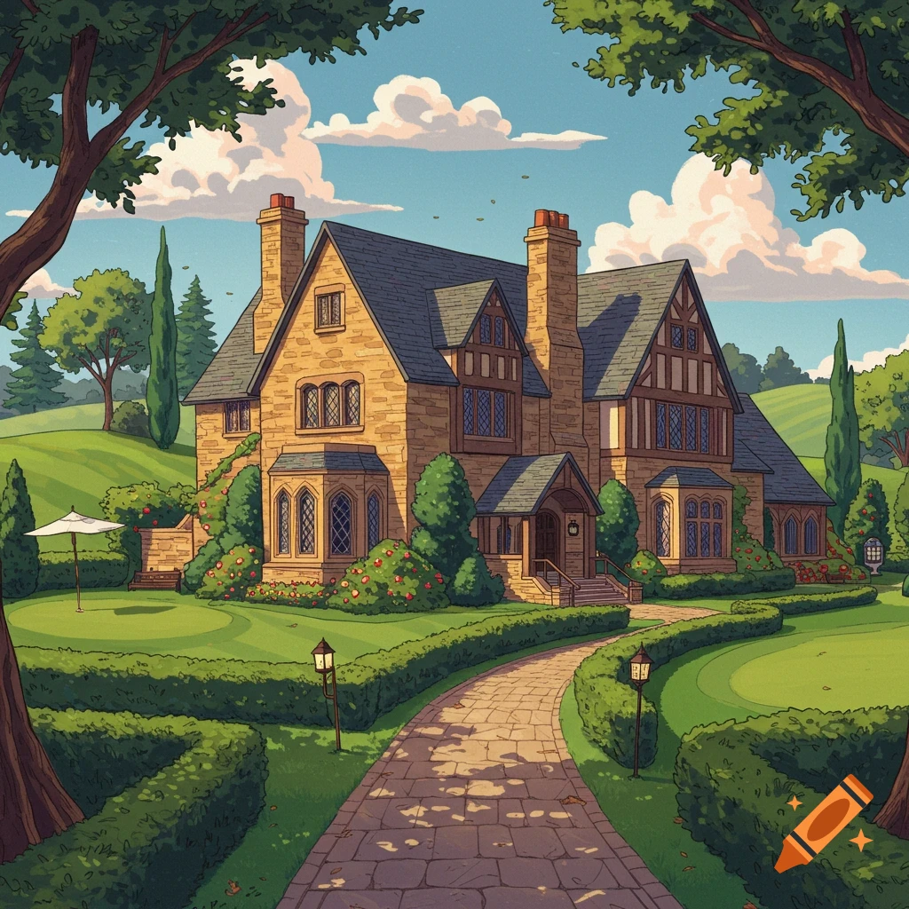 A Tudor style house with a garden and stone path.