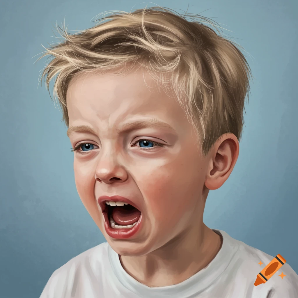 A young boy with blond hair and blue eyes, mouth open in distress, against a blue background.