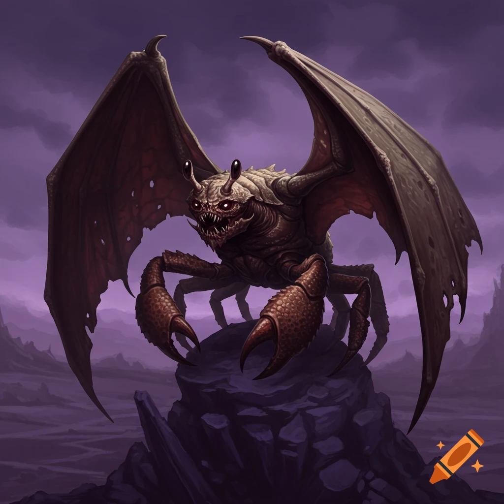 A creepy crab-like creature with wings stands on rocks under a dark purple sky.