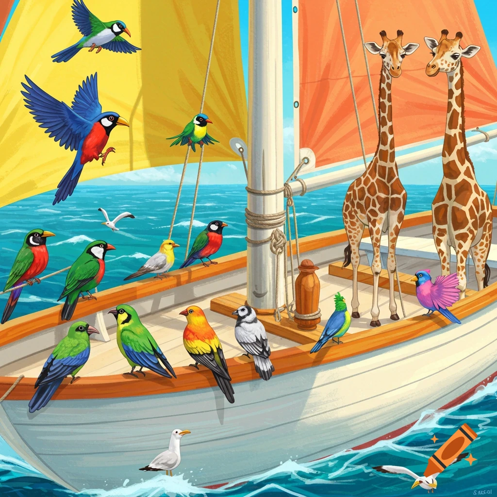 A colorful image of birds and giraffes on a sailboat at sea.