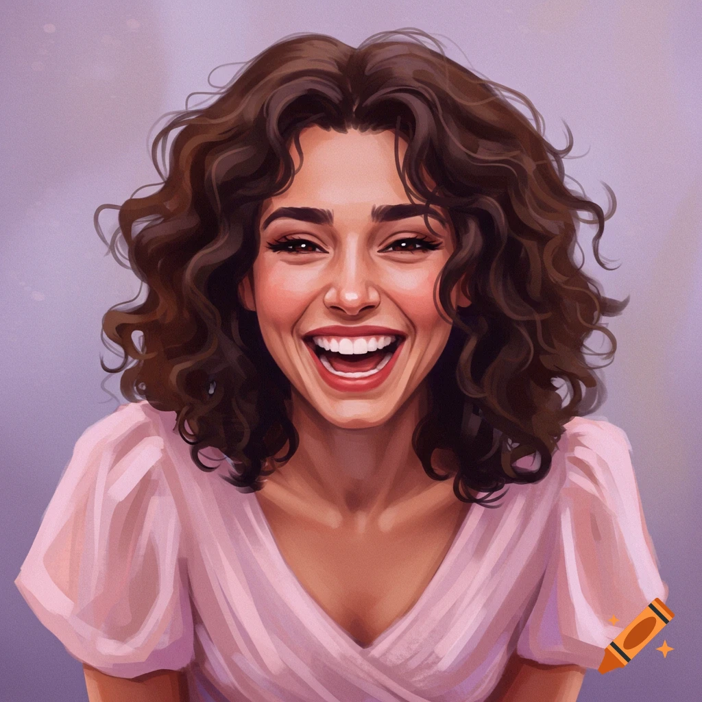 Portrait of a woman with curly brown hair laughing.