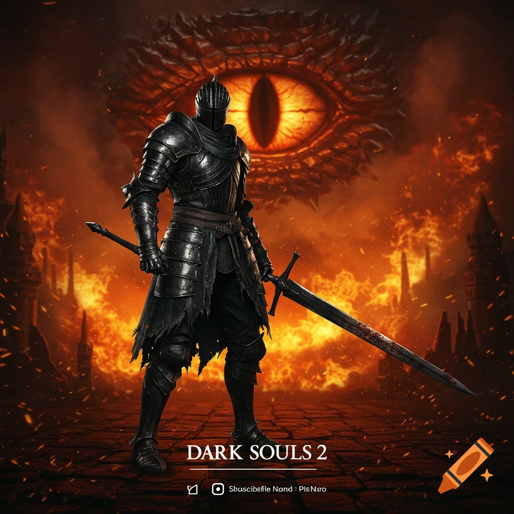 A knight in dark armor stands with a sword in front of a large fiery eye, with 'DARK SOULS 2' text. Fantasy style.